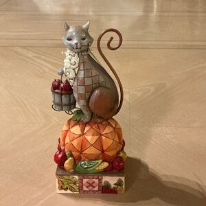 Decorative Cat Figurine with Pumpkin Base